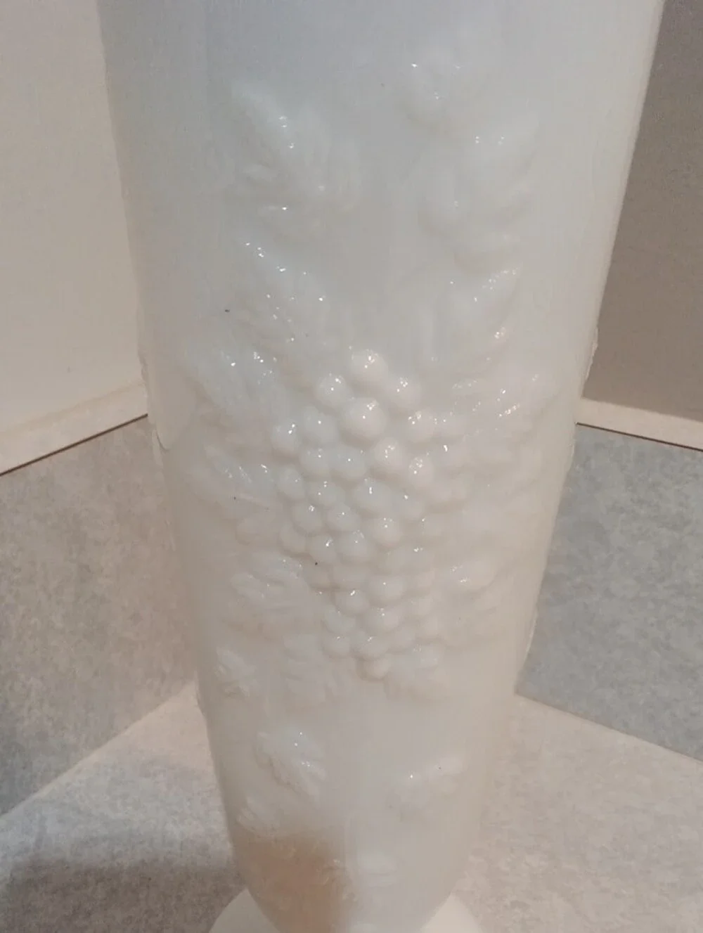 White Milk Glass Pedestal Vase with Grape Motif